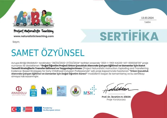Doğal Öğretim Projesi sertifikası